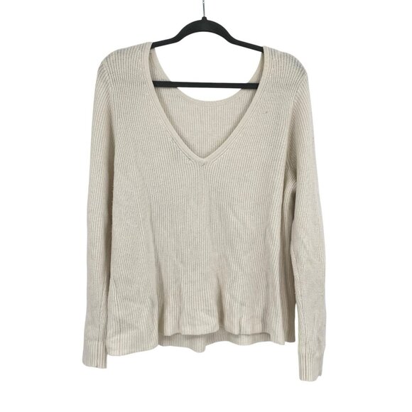 Banana Republic Size L Cream V Neck Back Sweater Long Sleeve Ribbed Knit Top - Picture 2 of 9